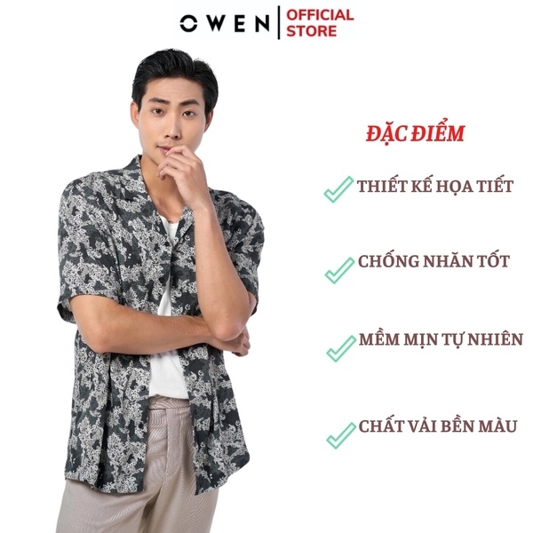 Áo Sơ Mi Nam Tay Ngắn Owen AE230067N màu họa tiết trắng xám dáng relax fit tà bằng không túi ngực chất liệu bambo poly