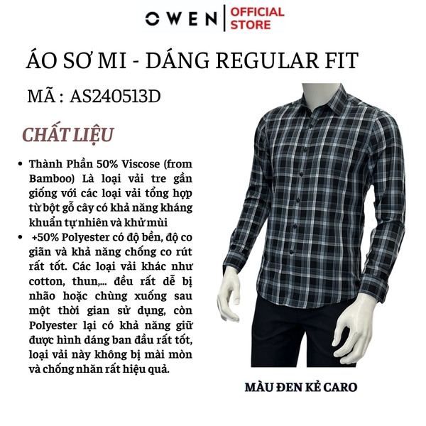 Áo Sơ Mi Nam Tay Dài Owen AS240513D màu đen kẻ caro trắng dáng ôm slim fit tà lượn không túi chất liệu bambo poly