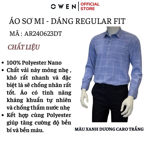 Áo Sơ Mi Nam Tay Dài Owen AR240623DT màu xanh dương caro trắng dáng suông regular fit tà lượn có túi chất liệu Nano