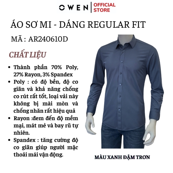 Áo Sơ Mi Nam Tay Dài Owen AR240610D màu xanh đậm trơn dáng suông regular fit tà lượn không túi chất liệu polyester