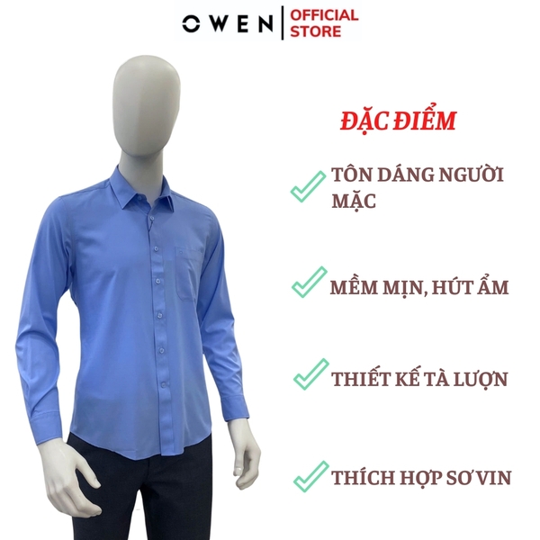Áo Sơ Mi Nam Tay Dài Owen AR240580DT màu xanh dương dáng suông regular fit tà lượng có túi Chất liệu Bambo poly