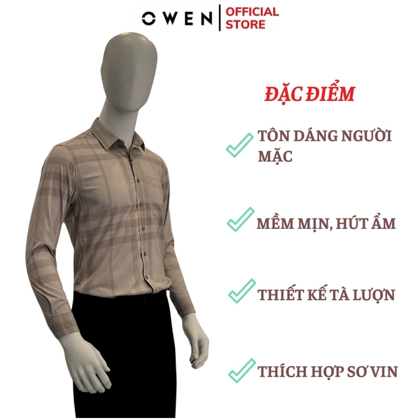 Áo Sơ Mi Nam Tay Dài Owen AR240575DT màu nâu kẻ dáng suông regular fit tà lượn có túi chất liệu modal poly