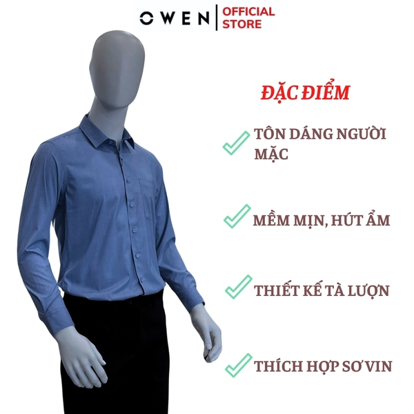Áo Sơ Mi Nam Tay Dài Owen AR240574DT màu xanh đậm họa tiết dáng suông regular fit tà lượn có túi chất liệu modal poly