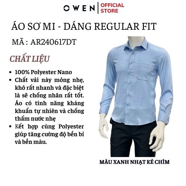 Áo Sơ Mi Nam Tay Dài Owen AR240617DT màu xanh dương kẻ chìm dáng suông regular fit tà lượn có túi chất liệu Nano