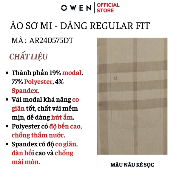 Áo Sơ Mi Nam Tay Dài Owen AR240575DT màu nâu kẻ dáng suông regular fit tà lượn có túi chất liệu modal poly