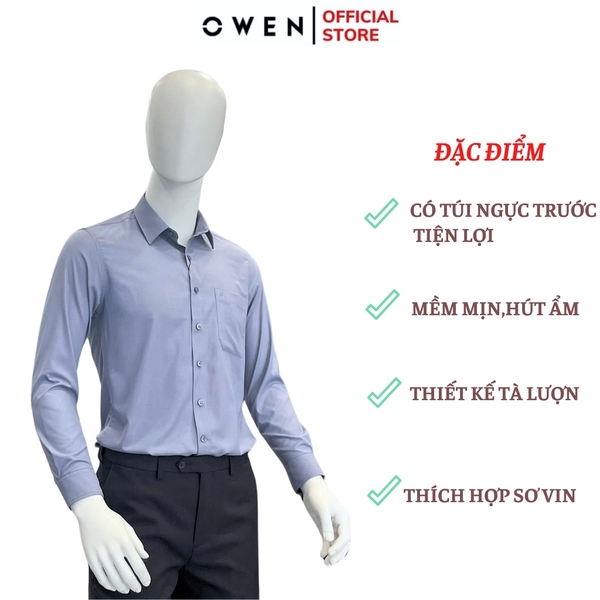Áo Sơ Mi Nam Tay Dài Owen AR240719DT Màu xanh xám Dáng Reguler fit Chất liệu Spandex