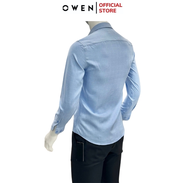 Áo Sơ Mi Nam Tay Dài Owen AR240617DT màu xanh dương kẻ chìm dáng suông regular fit tà lượn có túi chất liệu Nano