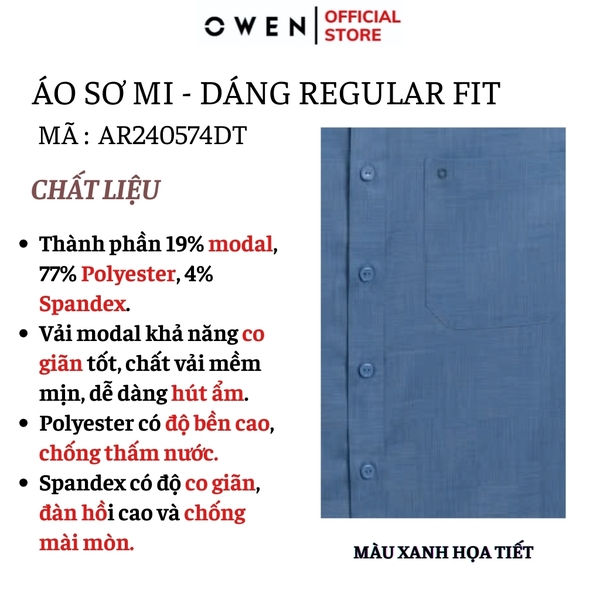 Áo Sơ Mi Nam Tay Dài Owen AR240574DT màu xanh đậm họa tiết dáng suông regular fit tà lượn có túi chất liệu modal poly