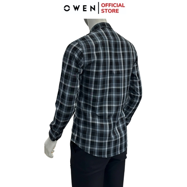 Áo Sơ Mi Nam Tay Dài Owen AS240513D màu đen kẻ caro trắng dáng ôm slim fit tà lượn không túi chất liệu bambo poly