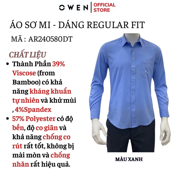 Áo Sơ Mi Nam Tay Dài Owen AR240580DT màu xanh dương dáng suông regular fit tà lượng có túi Chất liệu Bambo poly
