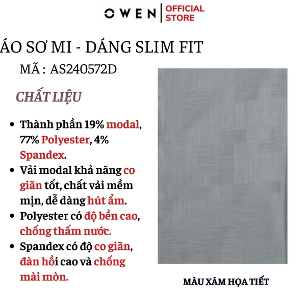 Áo Sơ Mi Nam Tay Dài Owen AS240572D màu xám họa tiết dáng ôm slim fit tà lượn không túi chất liệu modal poly