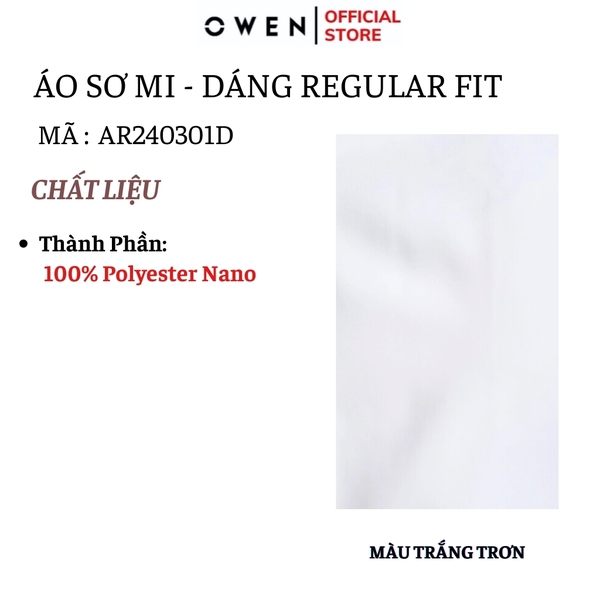 Áo Sơ Mi Trắng Nam Tay Dài Owen AR240301D màu trắng trơn Dáng suông regular fit tà lượn không túi Chất liệu Nano