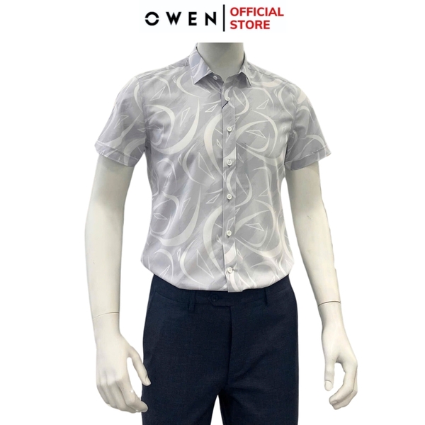 Áo Sơ Mi Nam Tay Ngắn Owen AB250123N màu xám họa tiết dáng suông body fit tà bằng không túi Chất liệu Bambo poly