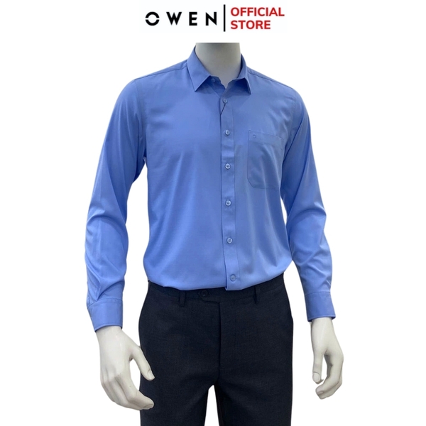 Áo Sơ Mi Nam Tay Dài Owen AR240580DT màu xanh dương dáng suông regular fit tà lượng có túi Chất liệu Bambo poly