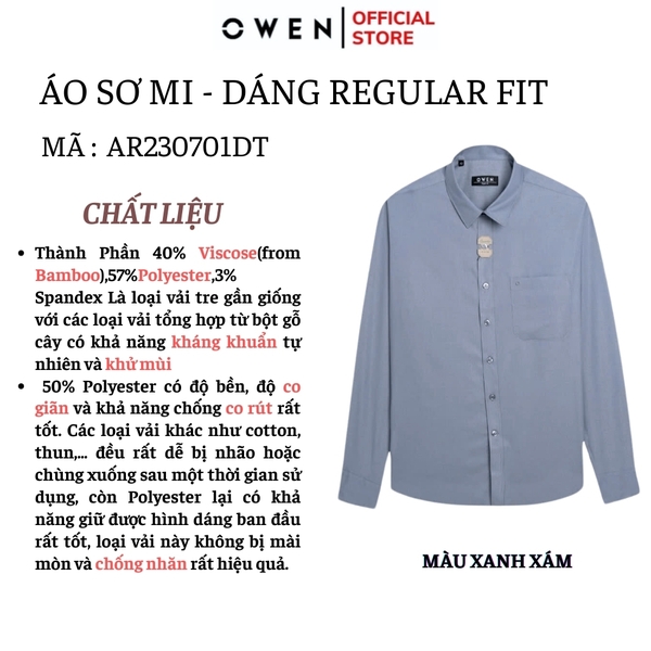 Áo Sơ Mi Nam Tay Dài Owen AR240719DT Màu xanh xám Dáng Reguler fit Chất liệu Spandex