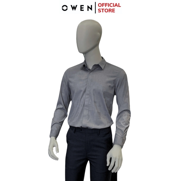 Áo Sơ Mi Nam Tay Dài Owen AS240572D màu xám họa tiết dáng ôm slim fit tà lượn không túi chất liệu modal poly