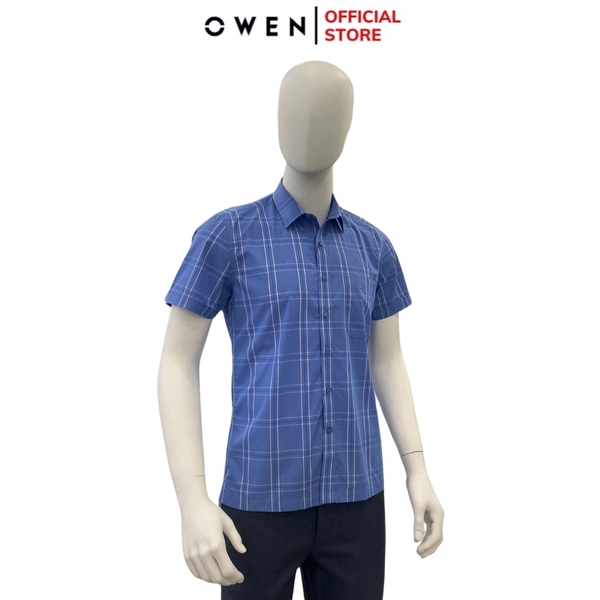 Áo Sơ Mi Nam Tay Ngắn Owen AB250064NT màu xanh dương kẻ caro dáng suông body fit tà bằng có túi Chất liệu Bambo poly