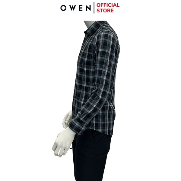 Áo Sơ Mi Nam Tay Dài Owen AS240513D màu đen kẻ caro trắng dáng ôm slim fit tà lượn không túi chất liệu bambo poly
