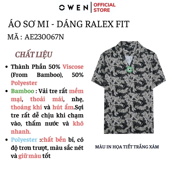 Áo Sơ Mi Nam Tay Ngắn Owen AE230067N màu họa tiết trắng xám dáng relax fit tà bằng không túi ngực chất liệu bambo poly