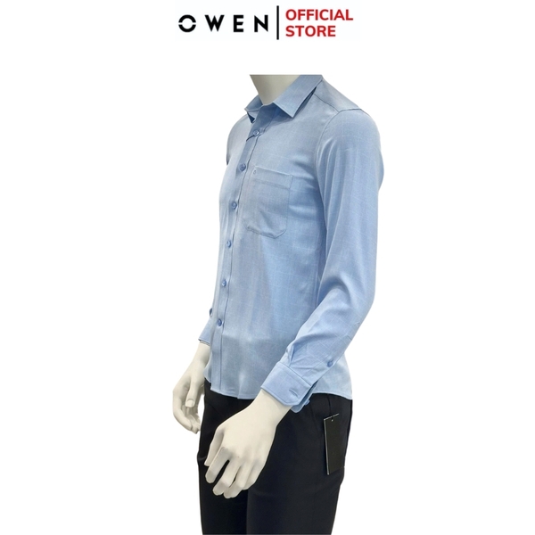 Áo Sơ Mi Nam Tay Dài Owen AR240617DT màu xanh dương kẻ chìm dáng suông regular fit tà lượn có túi chất liệu Nano