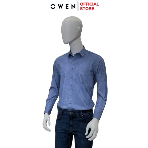 Áo Sơ Mi Nam Tay Dài Owen AR240574DT màu xanh đậm họa tiết dáng suông regular fit tà lượn có túi chất liệu modal poly