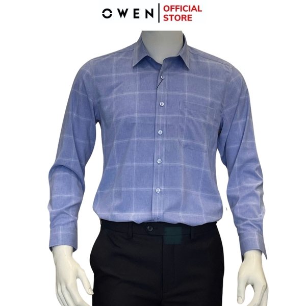 Áo Sơ Mi Nam Tay Dài Owen AR240623DT màu xanh dương caro trắng dáng suông regular fit tà lượn có túi chất liệu Nano