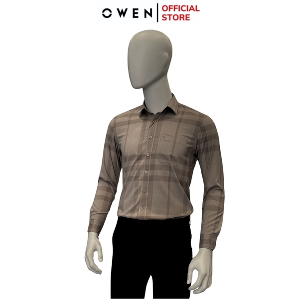 Áo Sơ Mi Nam Tay Dài Owen AR240575DT màu nâu kẻ dáng suông regular fit tà lượn có túi chất liệu modal poly