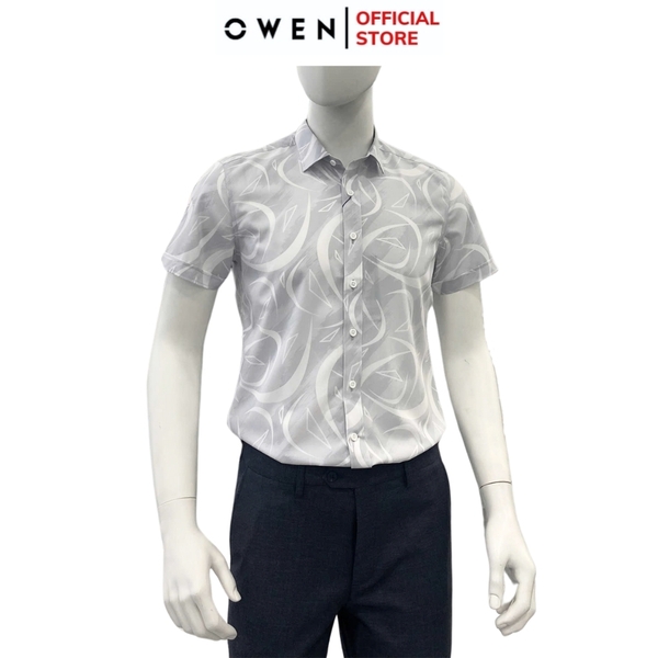 Áo Sơ Mi Nam Tay Ngắn Owen AB250123N màu xám họa tiết dáng suông body fit tà bằng không túi Chất liệu Bambo poly
