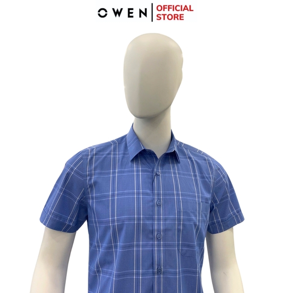 Áo Sơ Mi Nam Tay Ngắn Owen AB250064NT màu xanh dương kẻ caro dáng suông body fit tà bằng có túi Chất liệu Bambo poly