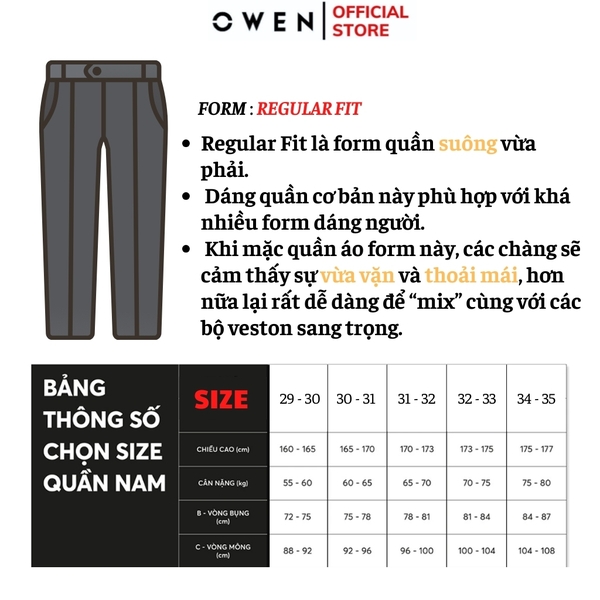 Quần Tây Nam Owen QRT242471R Màu xám nhạt trơn dáng suông regular fit cạp tăng đơ vải TR Spandex