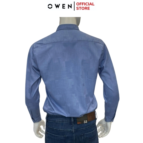 Áo Sơ Mi Nam Tay Dài Owen AR240574DT màu xanh đậm họa tiết dáng suông regular fit tà lượn có túi chất liệu modal poly