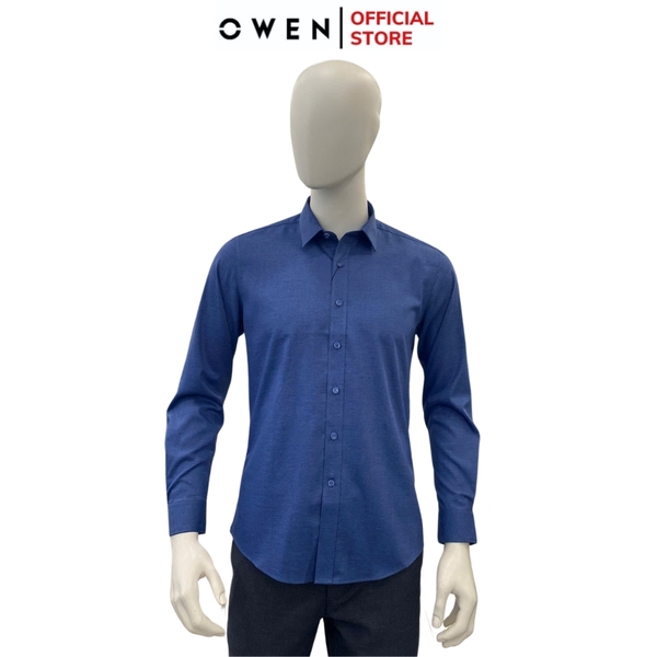 Áo Sơ Mi Nam Tay Dài Owen AS240587D màu xanh đậm dáng ôm slim fit tà lượn không túi chất liệu modal poly