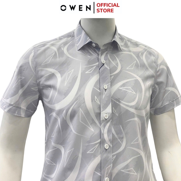 Áo Sơ Mi Nam Tay Ngắn Owen AB250123N màu xám họa tiết dáng suông body fit tà bằng không túi Chất liệu Bambo poly