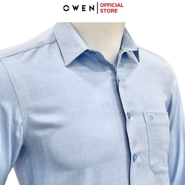 Áo Sơ Mi Nam Tay Dài Owen AR240617DT màu xanh dương kẻ chìm dáng suông regular fit tà lượn có túi chất liệu Nano