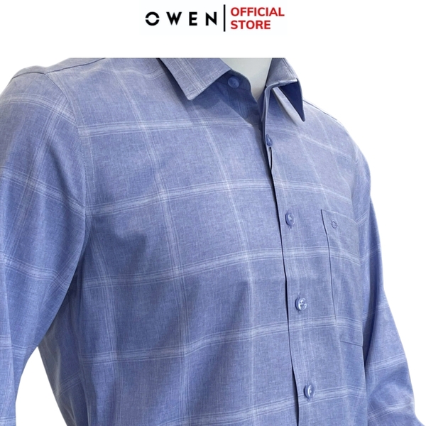 Áo Sơ Mi Nam Tay Dài Owen AR240623DT màu xanh dương caro trắng dáng suông regular fit tà lượn có túi chất liệu Nano