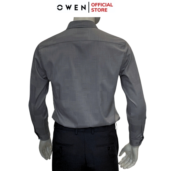 Áo Sơ Mi Nam Tay Dài Owen AS240572D màu xám họa tiết dáng ôm slim fit tà lượn không túi chất liệu modal poly