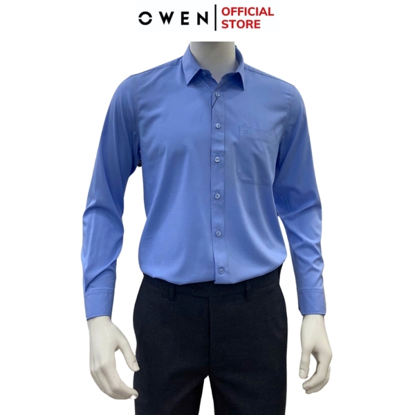 Áo Sơ Mi Nam Tay Dài Owen AR240580DT màu xanh dương dáng suông regular fit tà lượng có túi Chất liệu Bambo poly