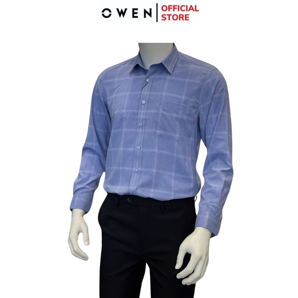 Áo Sơ Mi Nam Tay Dài Owen AR240623DT màu xanh dương caro trắng dáng suông regular fit tà lượn có túi chất liệu Nano