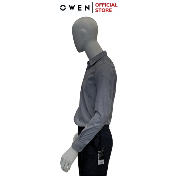 Áo Sơ Mi Nam Tay Dài Owen AS240572D màu xám họa tiết dáng ôm slim fit tà lượn không túi chất liệu modal poly