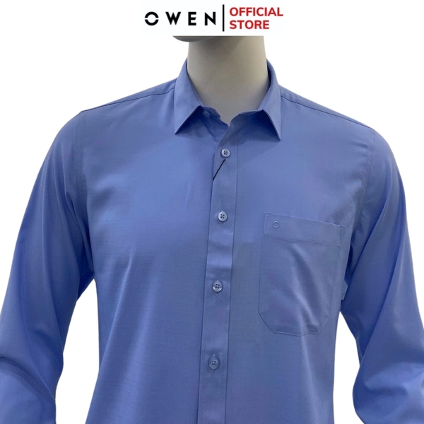 Áo Sơ Mi Nam Tay Dài Owen AR240580DT màu xanh dương dáng suông regular fit tà lượng có túi Chất liệu Bambo poly