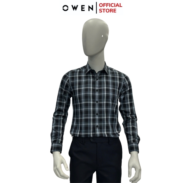 Áo Sơ Mi Nam Tay Dài Owen AS240513D màu đen kẻ caro trắng dáng ôm slim fit tà lượn không túi chất liệu bambo poly