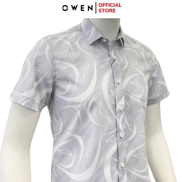 Áo Sơ Mi Nam Tay Ngắn Owen AB250123N màu xám họa tiết dáng suông body fit tà bằng không túi Chất liệu Bambo poly