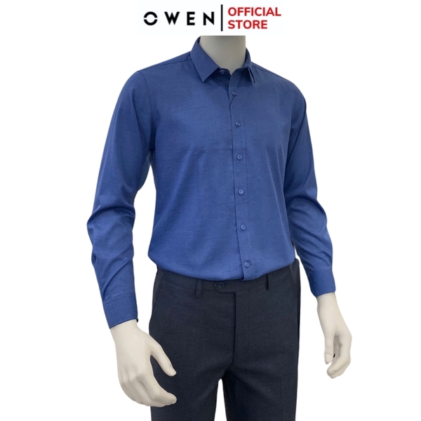 Áo Sơ Mi Nam Tay Dài Owen AS240587D màu xanh đậm dáng ôm slim fit tà lượn không túi chất liệu modal poly