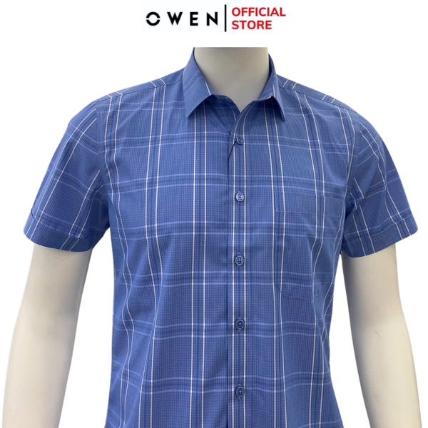 Áo Sơ Mi Nam Tay Ngắn Owen AB250064NT màu xanh dương kẻ caro dáng suông body fit tà bằng có túi Chất liệu Bambo poly