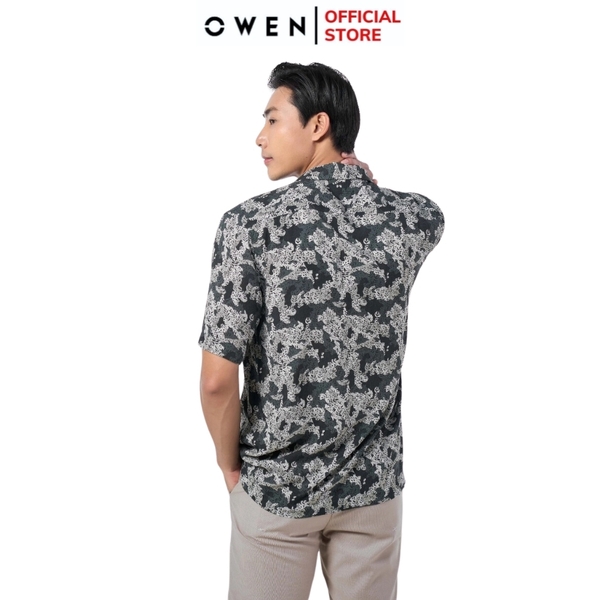 Áo Sơ Mi Nam Tay Ngắn Owen AE230067N màu họa tiết trắng xám dáng relax fit tà bằng không túi ngực chất liệu bambo poly