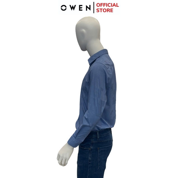 Áo Sơ Mi Nam Tay Dài Owen AR240574DT màu xanh đậm họa tiết dáng suông regular fit tà lượn có túi chất liệu modal poly