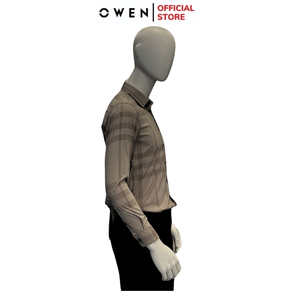 Áo Sơ Mi Nam Tay Dài Owen AR240575DT màu nâu kẻ dáng suông regular fit tà lượn có túi chất liệu modal poly