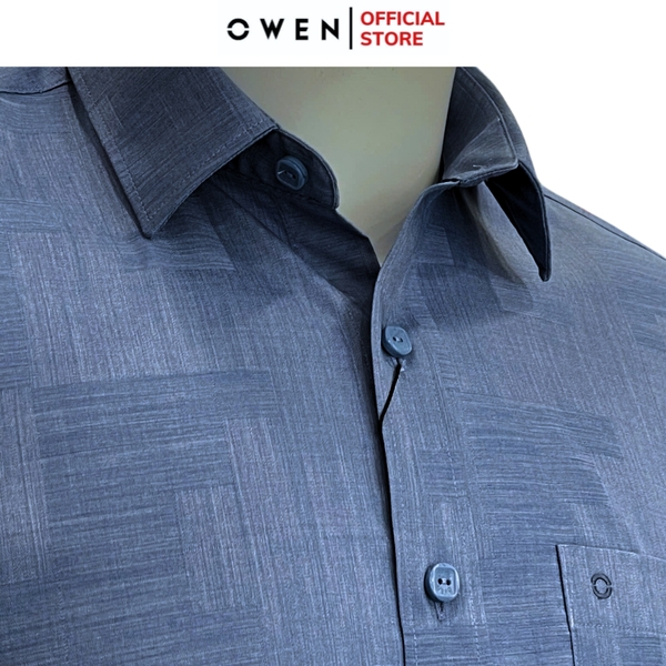 Áo Sơ Mi Nam Tay Dài Owen AR240574DT màu xanh đậm họa tiết dáng suông regular fit tà lượn có túi chất liệu modal poly