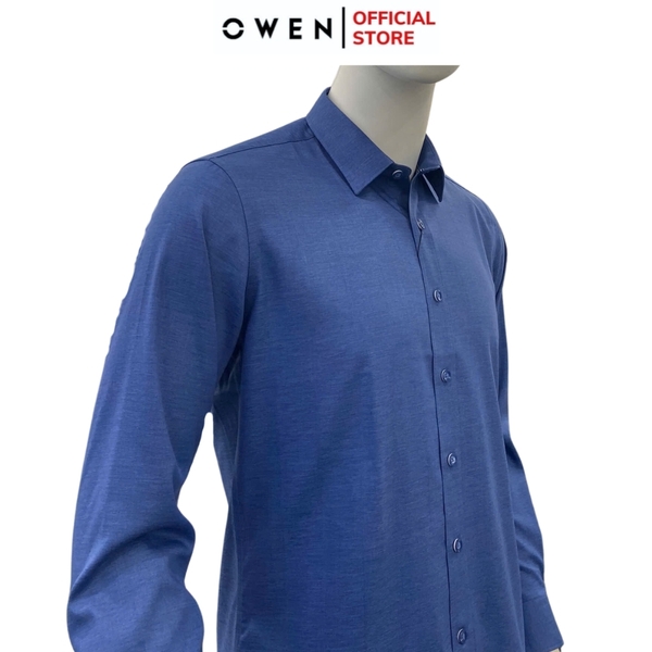 Áo Sơ Mi Nam Tay Dài Owen AS240587D màu xanh đậm dáng ôm slim fit tà lượn không túi chất liệu modal poly