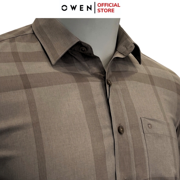 Áo Sơ Mi Nam Tay Dài Owen AR240575DT màu nâu kẻ dáng suông regular fit tà lượn có túi chất liệu modal poly